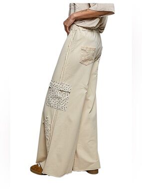 POL Cream Beige French Terry Cotton Elastic Drawstring Pant